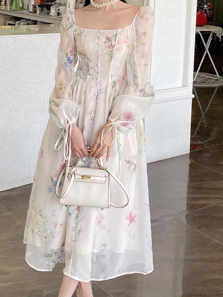 Французское элегантное мини-платье с квадратным воротником и принтом, женская мода, шифоновые вечерние платья с длинными рукавами, женская винтажная пляжная одежда на шнуровке, фея