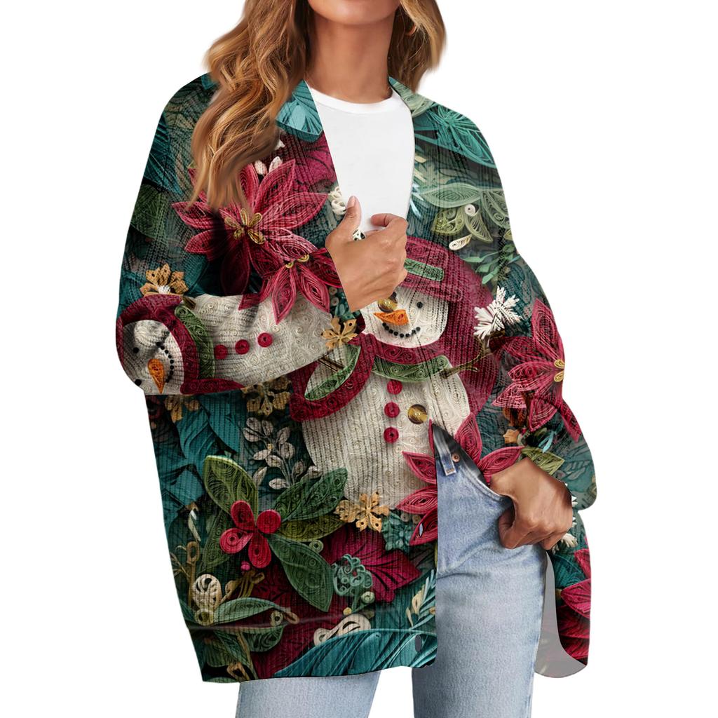 Women's Fashion Long Sleeve Print V-Neck Button Loose Cardigan Top
