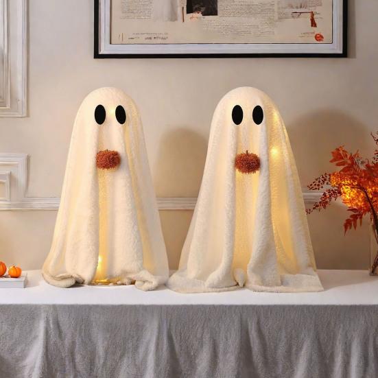 Light-Up Sherpa Ghosts with Pumpkin Cute Ghost Tabletop Decoration