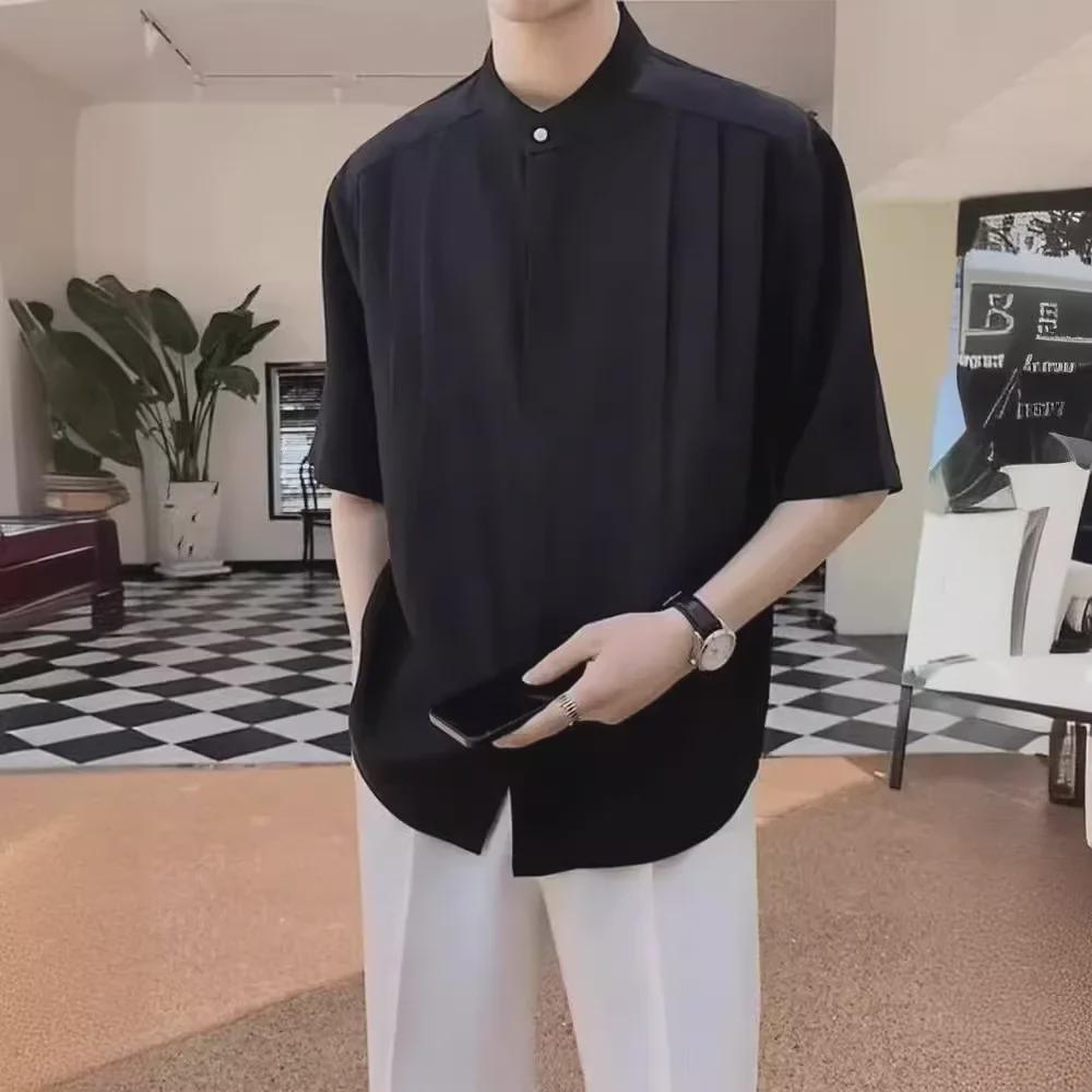 Мужская рубашка Slim Fit Ice Silk с коротким рукавом, новый китайский и корейский стиль — не требует глажки, легкий дизайн для взрослых