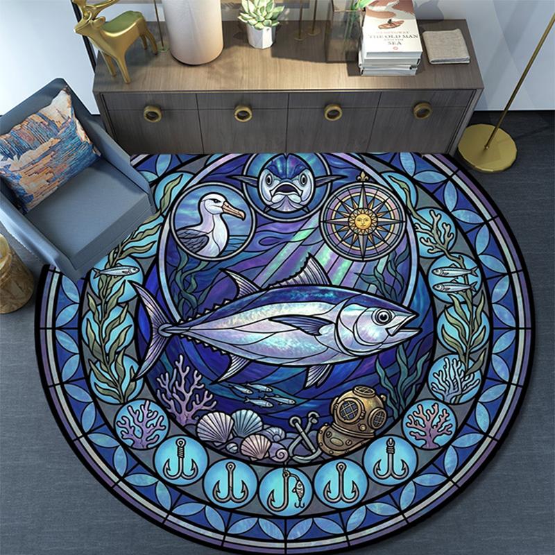 Ocean Life Glass Round Area Rug Under Office Chairs Bedroom Living Room Home Decor