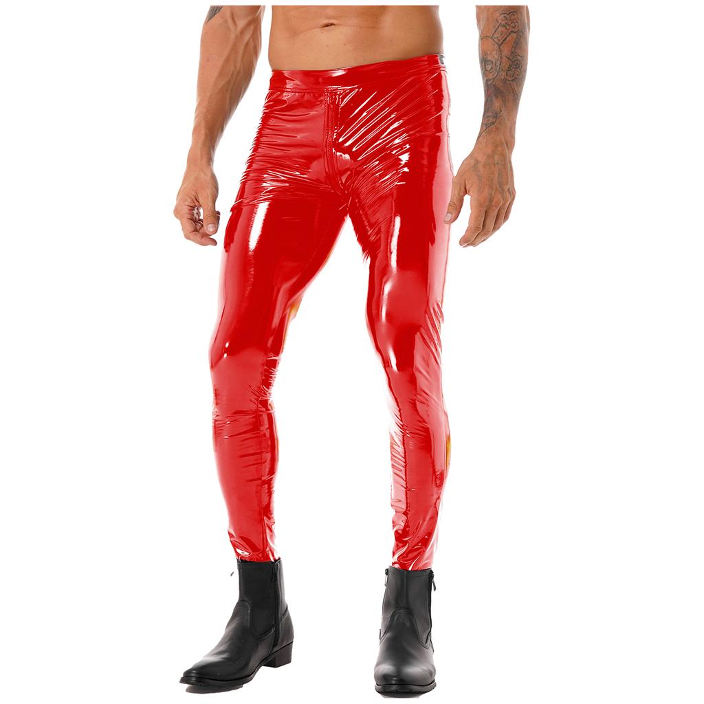 Mens Two Way Zipper Pants Wet Look Patent Leather Skinny Fit Clubwear