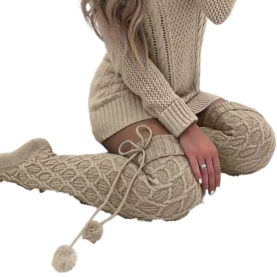 1 пара женских длинных носков однотонных с ромбовидной текстурой осенне-зимние вязаные чулки с шерстяными помпонами для повседневной носки