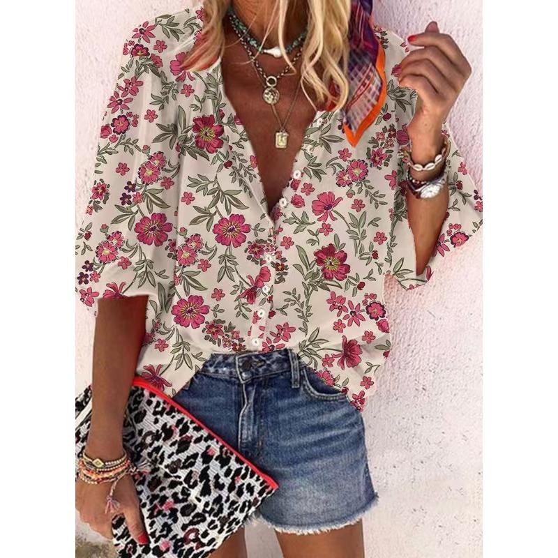 Летняя мода Стойка воротник Свободный крой На пуговицах Ретро принт Повседневные Рукава семь восьмых Женские блузки и рубашки