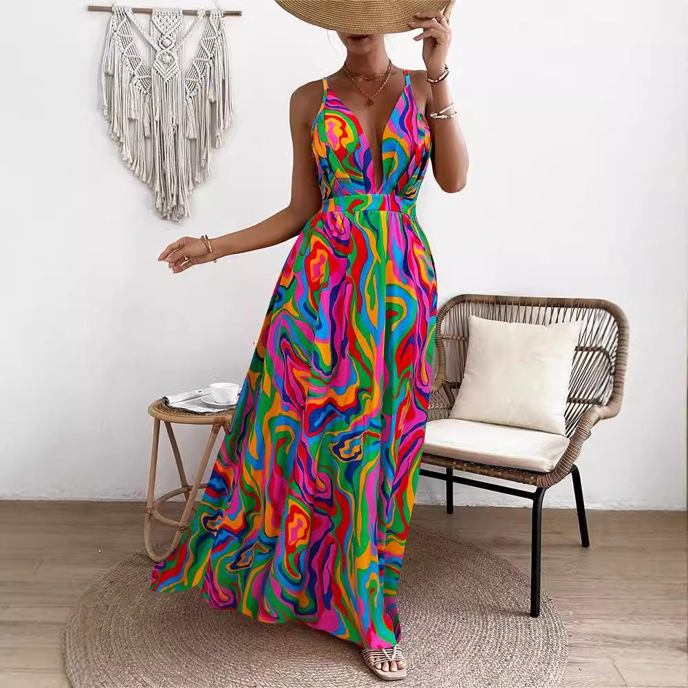 Европейское и американское платье макси без спины с радужным принтом тай-дай