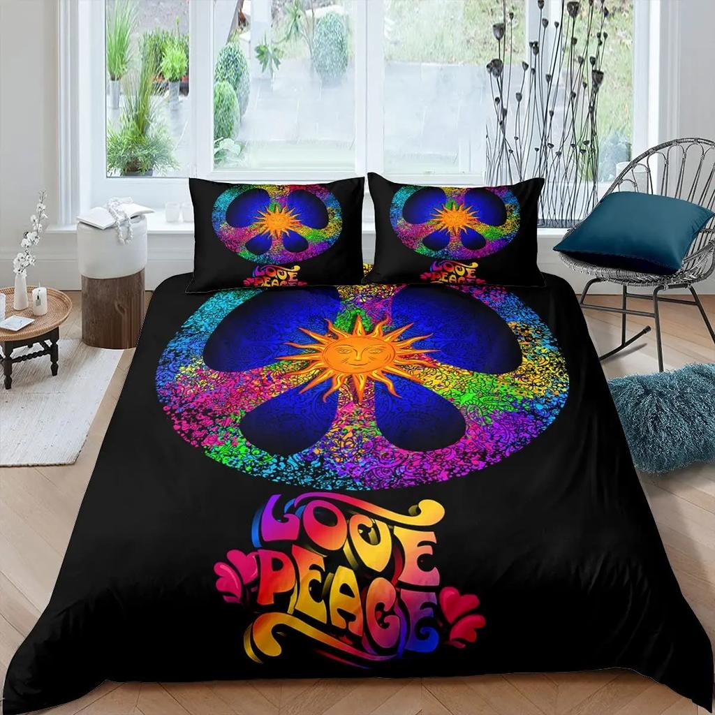 Boho Hippie Psychedelic Flowers Duvet Cover Colorful Peace Sign Bedding for Boys Girls Women Bedroom Decorative Rainbow Tie Dye