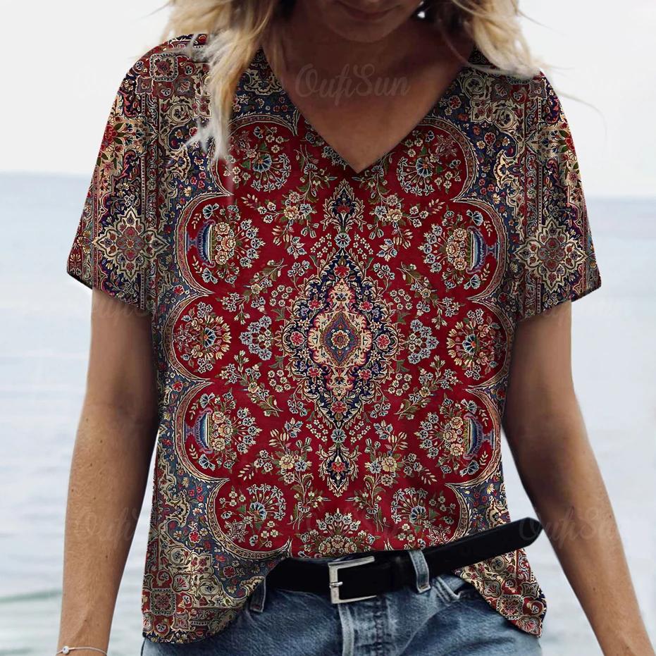 New Women T-shirt Ethnic Pattern Print Oversized Women's Trending Clothing Fashion Short Sleeve Shirt Women V-Neck Blouse 2024