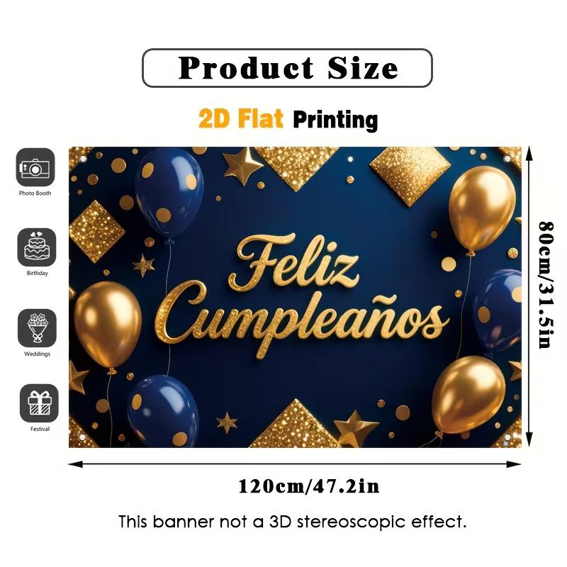 2D Navy Blue Gold Feliz Cumpleaños Backdrop Adult Birthday Photo Booth