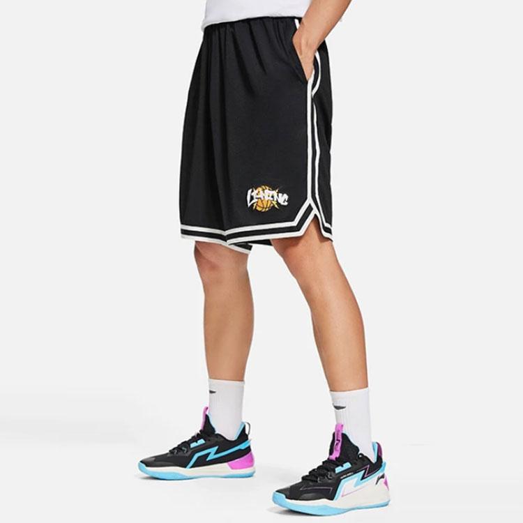 Баскетбольная серия Li Ning с принтом логотипа, эластичным поясом, свободные баскетбольные шорты, мужские шорты AAPS269-1