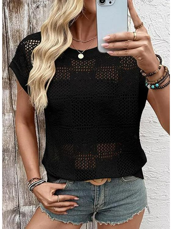 2026 Европейский и Американский Трансграничный Женский Летний Ажурный Топ с Круглым Вырезом в Стиле "Пряная Девушка"