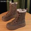 Platform Women Snow Ankle Boots Short Plush Designer Lace Up Cotton Mid Heels Shoes 2025 Trend Winter Warm Walking Botas Mujer