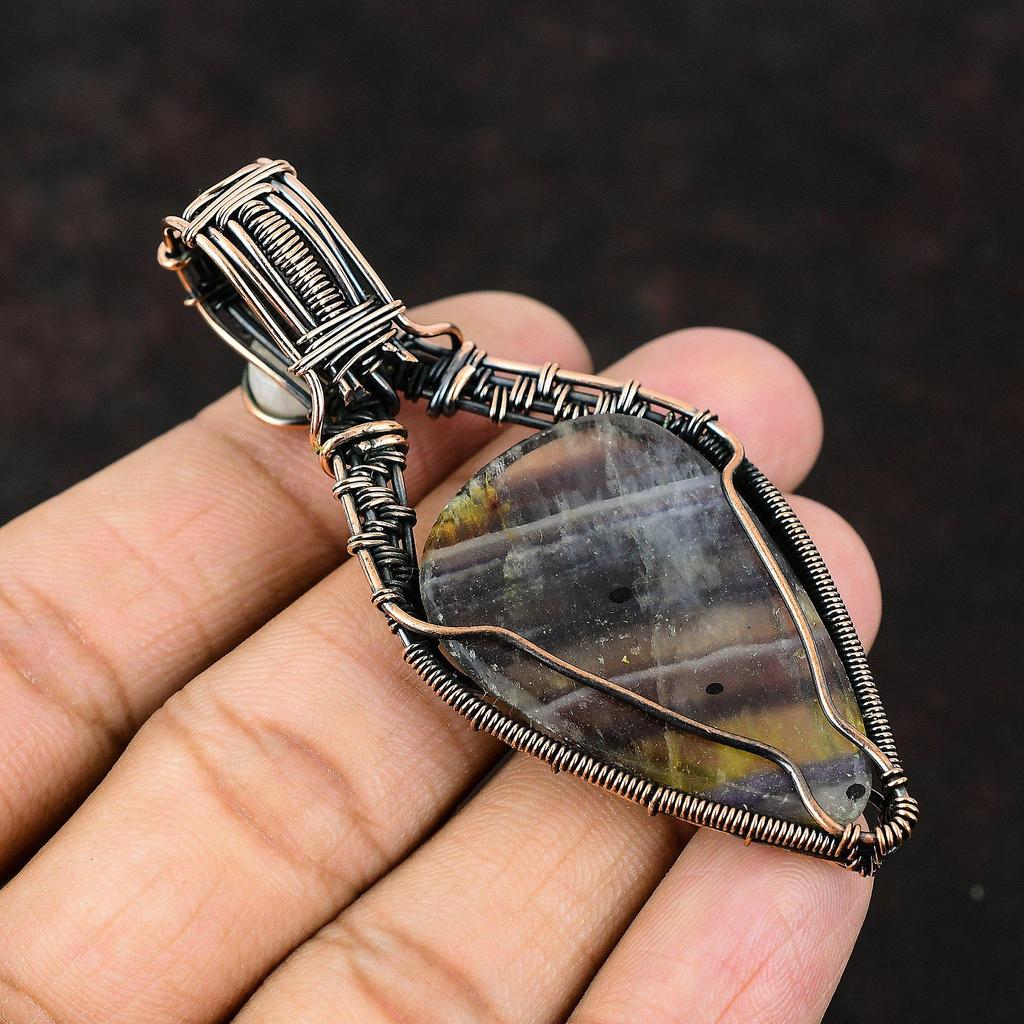 Подвеска из мультифлюорита, обернутая медной проволокой, Радужный лунный камень, Подвеска из драгоценного камня, Подвеска, обернутая медной проволокой, Украшения ручной работы, Подарок для нее