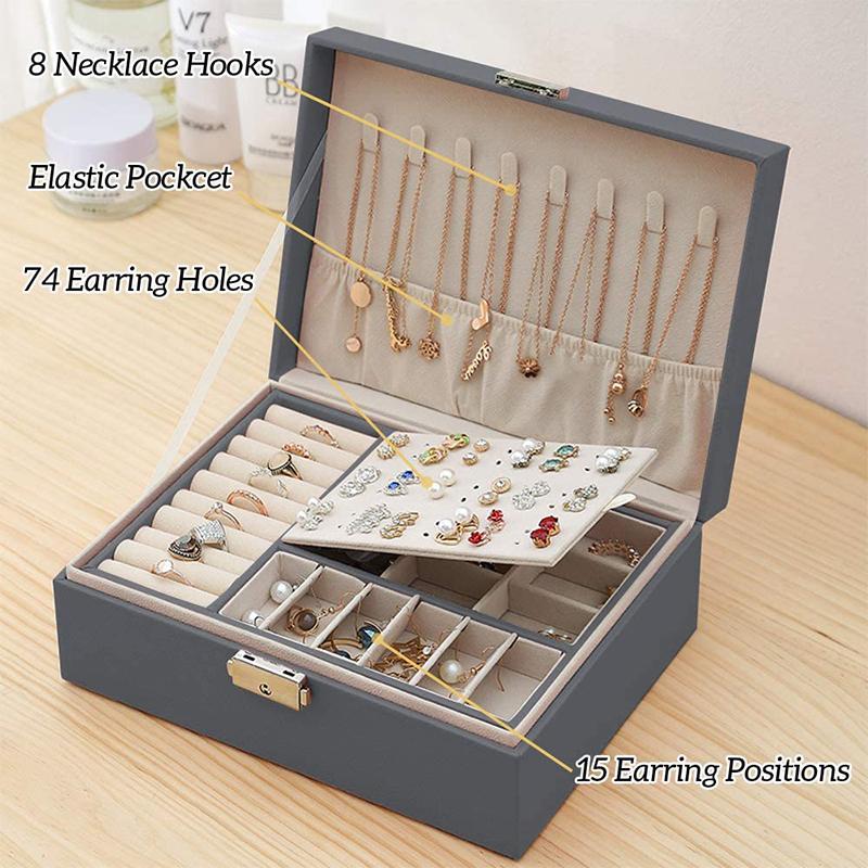 2 Layers Jewellery Box Organiser Small Home Travel PU Leather Earings Rings Jewelry Storage Case Women Portable Removal Tray