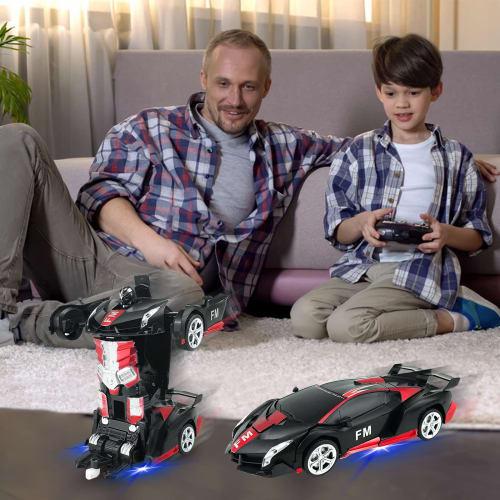 Transforming Robot Car, Stunt Car, Electric RC Car with LED Lights, 360-Degree Rotation, Remote Control, Model Car, Birthday/Christmas Gift (Black + R