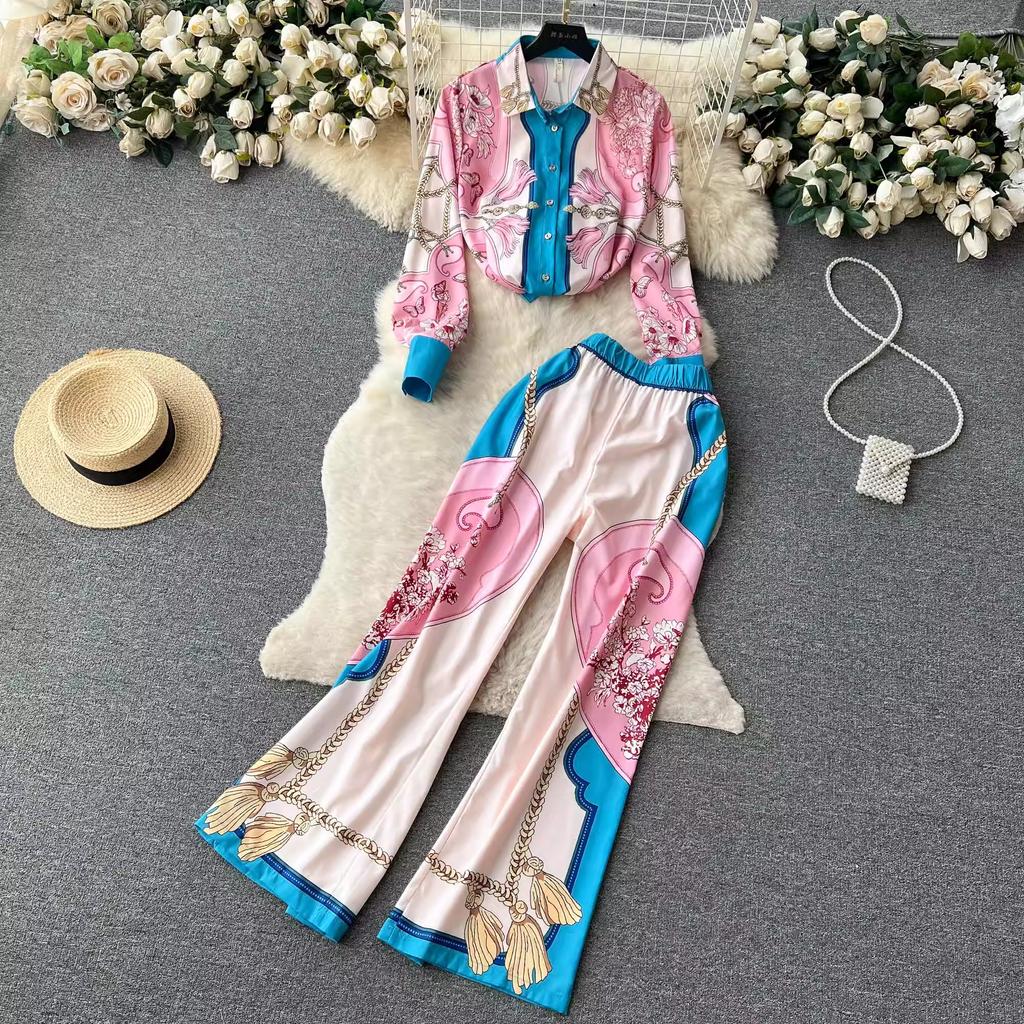 Spring Autumn Runway Designer Chain Flower Print Two Piece Set Women Long Sleeve Shirt Top And Elastic Waist Wide Leg Pant Suit