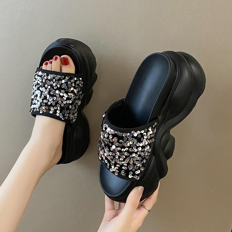 Модные 8 см синтетические слипоны на платформе и танкетке модные босоножки блестящие женские туфли-лодочки ROME с открытым носком 2024 года новые летние тапочки модные шлепанцы