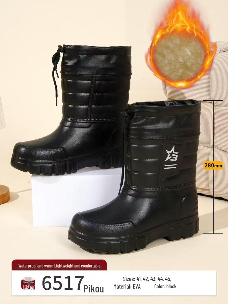 Мужские зимние сноубутсы на флисовой подкладке: Теплые, Водонепроницаемые, Нескользящие, Легкие, Удобные, Хлопковые Ботинки на Шнурке для Рыбалки