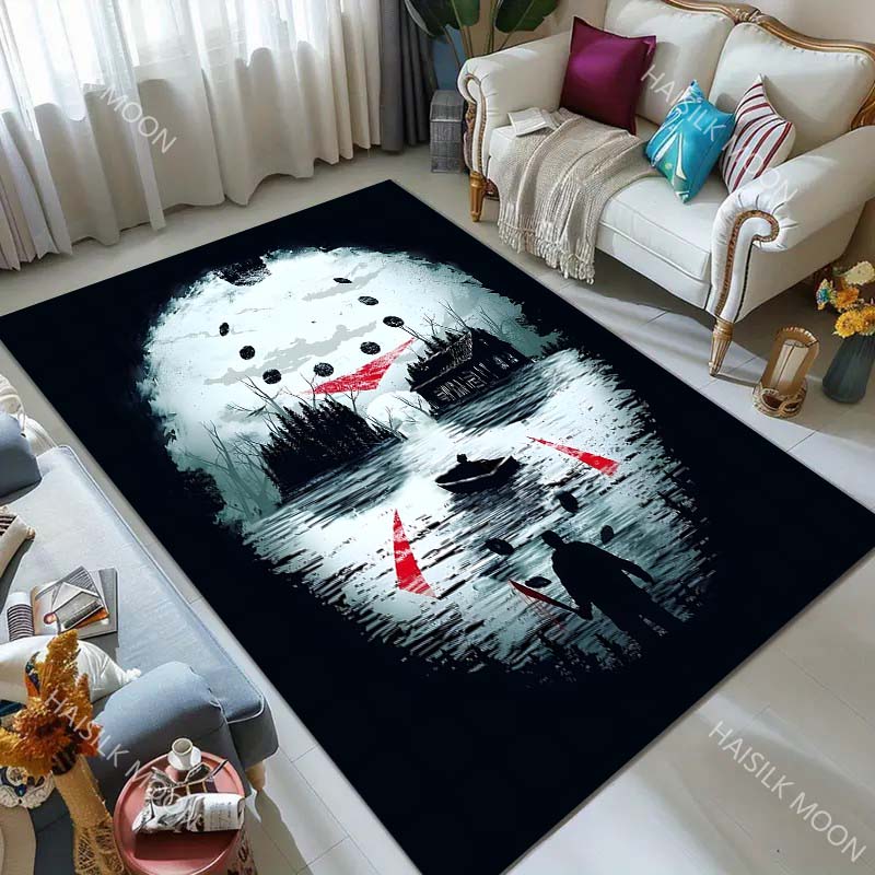 Halloween Themed Horror Mask Man Carpet for Living Room Bedroom Bedside Floor Mat Cloakroom Area Rug Festive Decor Large Size