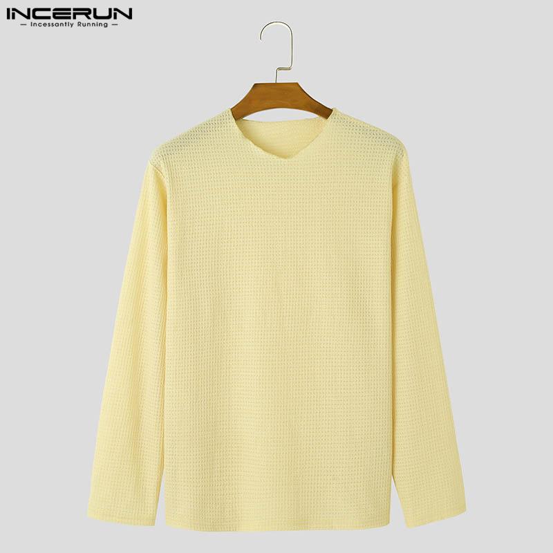 INCERUN Men Spring Long Sleeve Texture Tops Casual Loose Solid Pullovers