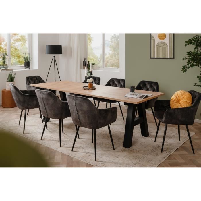 Table à manger GRANADA extensible - Style Industriel - 6/10 personnes - 2 rallonges 40 cm - L 157/237 x P 90 x H 75 cm - Chêne/Noir
