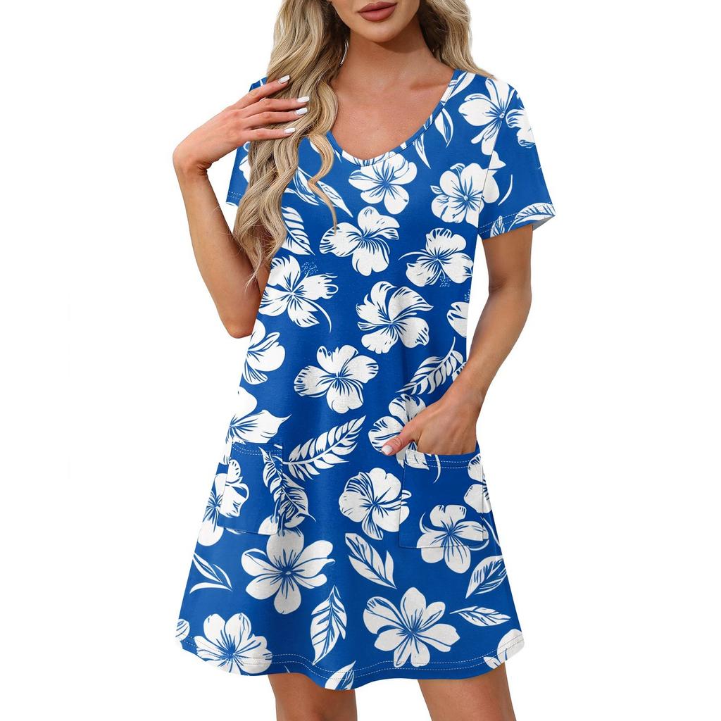Women's Fashion Casual Printed With Pockets Bohemian Beach V-Neck Short Sleeve Dresses