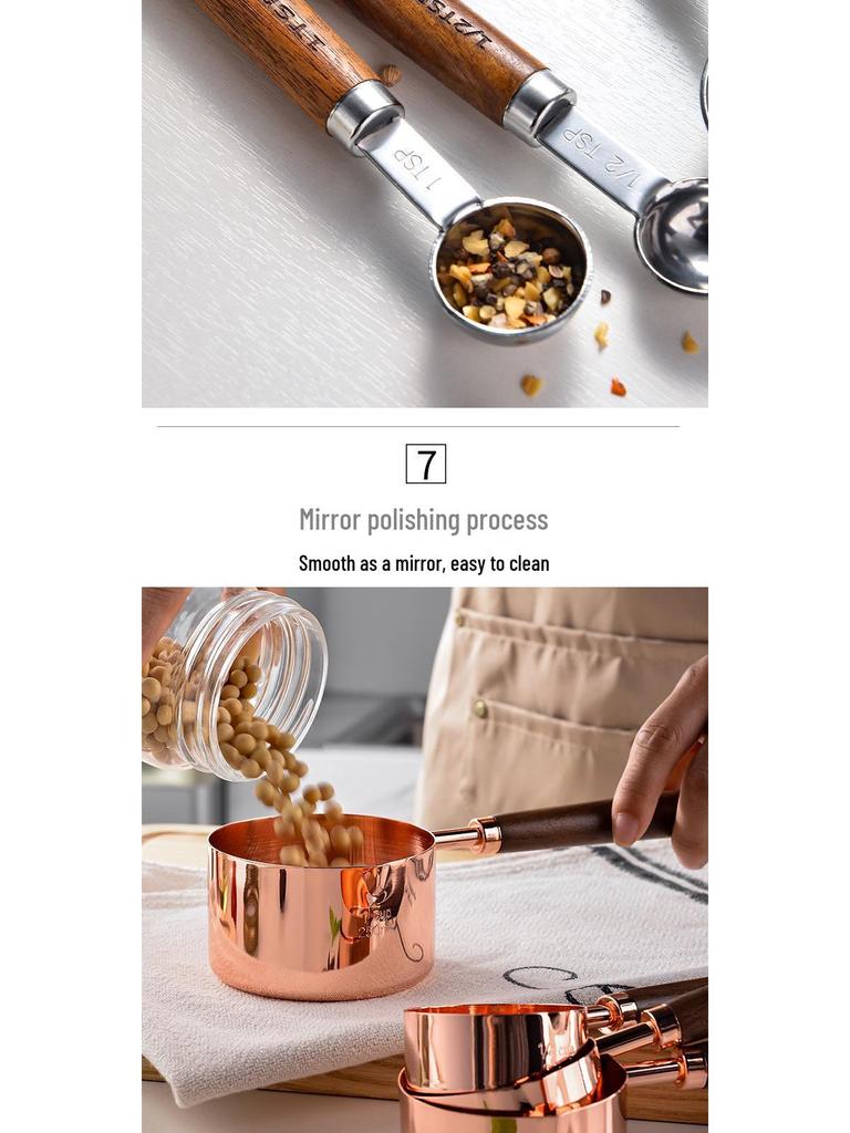 Набор из 8 предметов: мерные чашки и ложки из нержавеющей стали с деревянными ручками