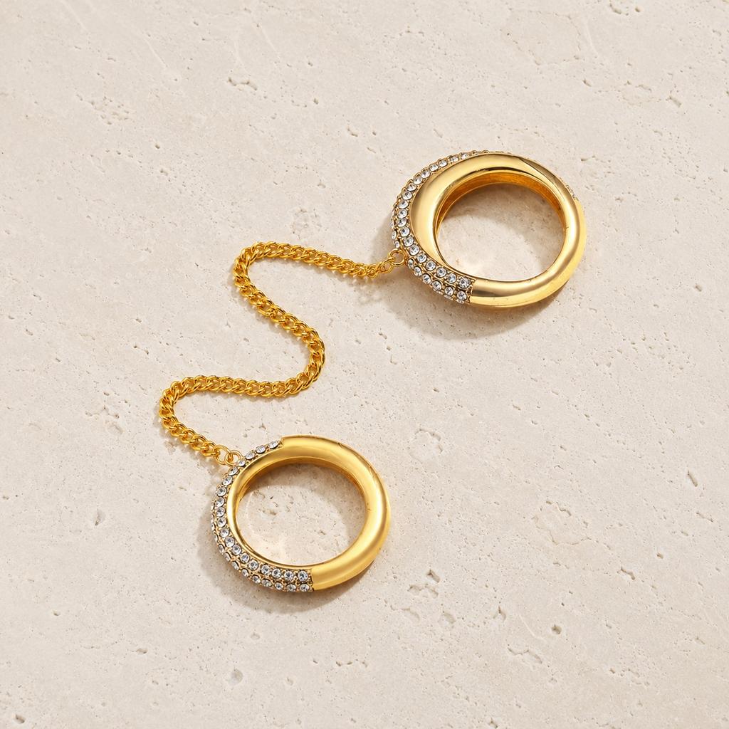 Stainless Steel Double Layer Connecting Ring for Women Luxury Cubic Zirconia Gold Plated Geometric Link Chain Fashion Jewelry