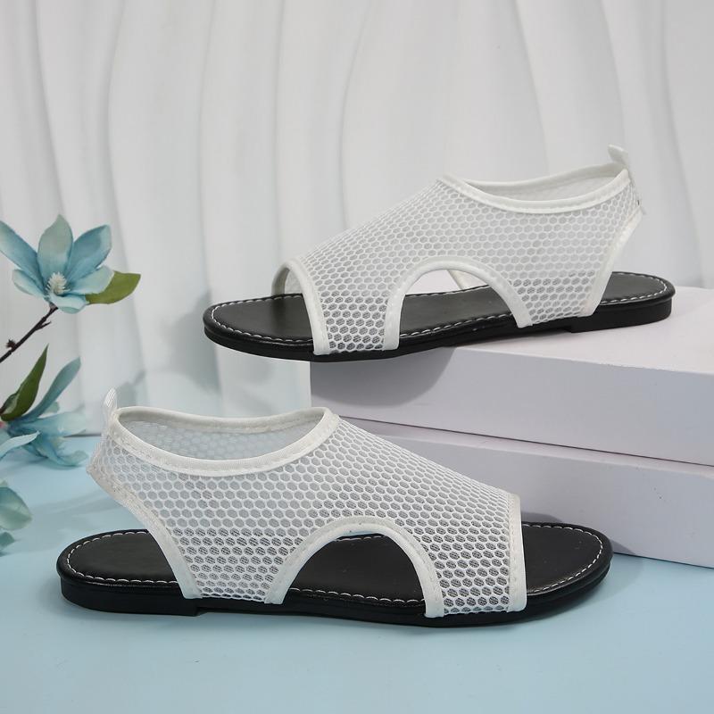 Модные женские сандалии на плоской подошве большого размера, летние, новые, с круглым носком, с открытым носком, из сетчатой ткани, дышащие, нескользящие, на мягкой подошве