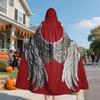 Unisex Halloween Hooded Cloak with Black White Wing Design - Red Textured Polyester Cape for Devil, Witch, Wizard