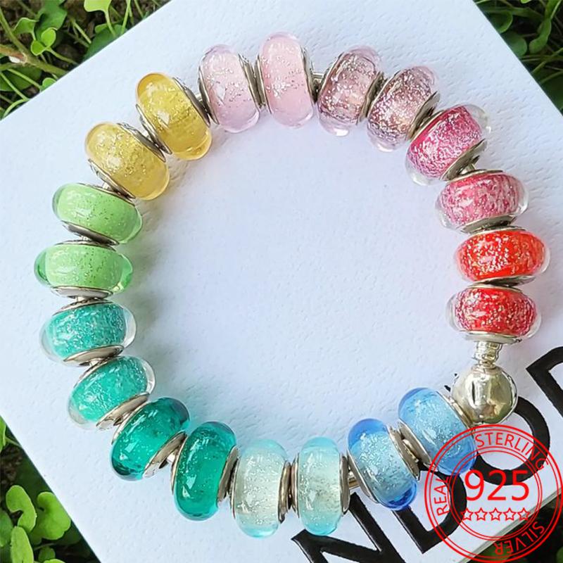Colorful S925 Sterling Silver Blue Glow-in-the-dark Murano Princess Glass Beads Fits Bracelet Jewelry Set Accessories