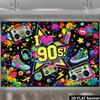 2D flat 90s retro theme party banner background. I love 90s theme, featuring retro radio and roller skates.