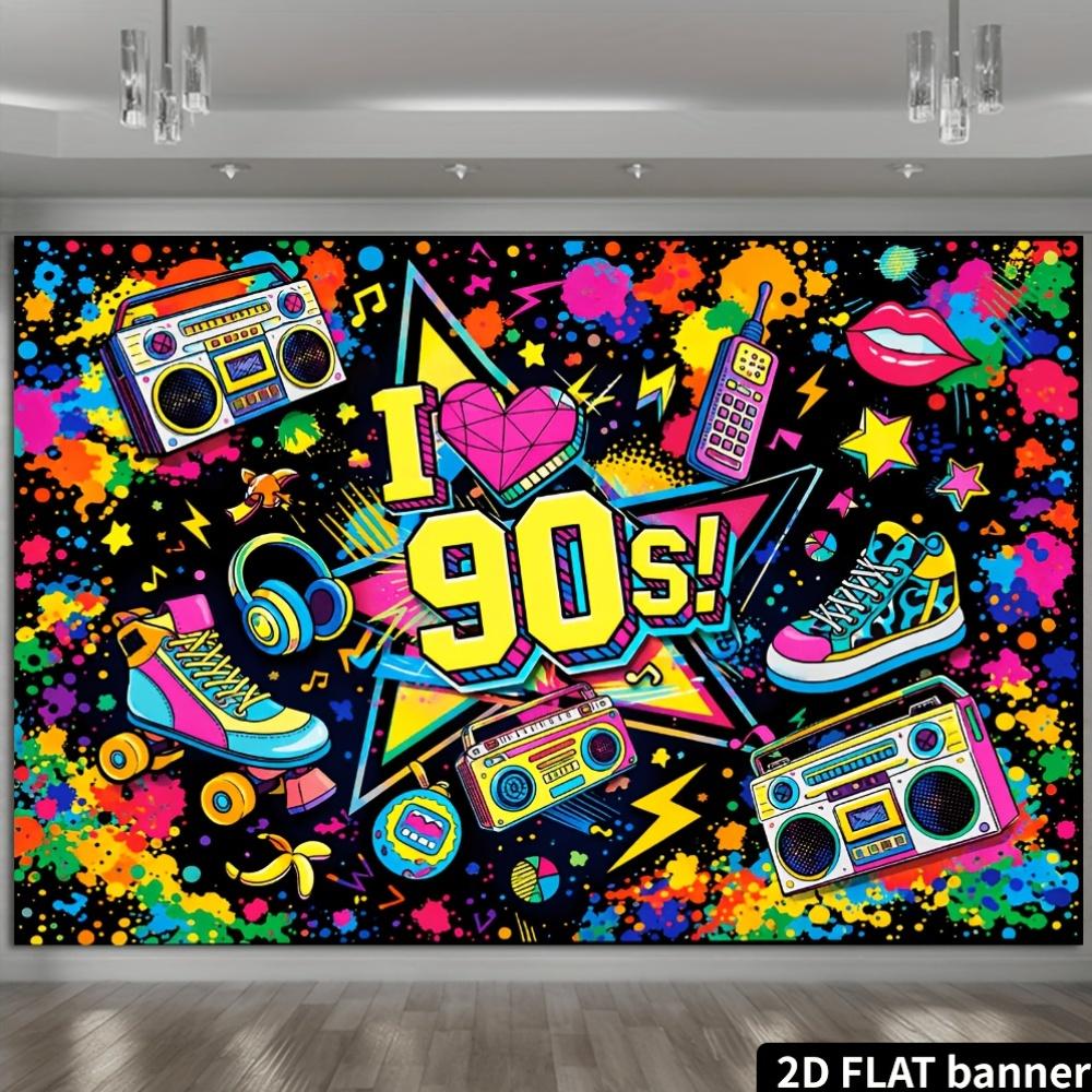 2D flat 90s retro theme party banner background. I love 90s theme, featuring retro radio and roller skates.