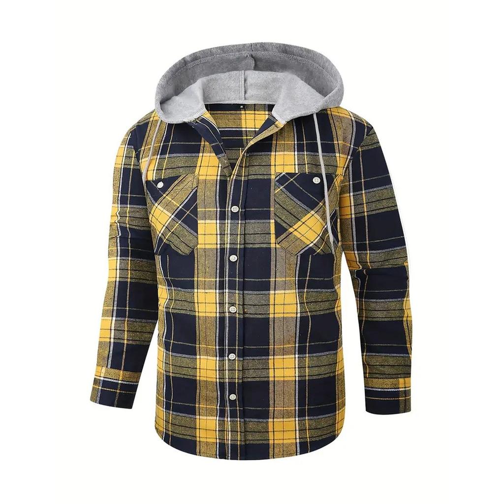 Мужская клетчатая рубашка с длинным рукавом, мужская толстовка с капюшоном и карманами на пуговицах