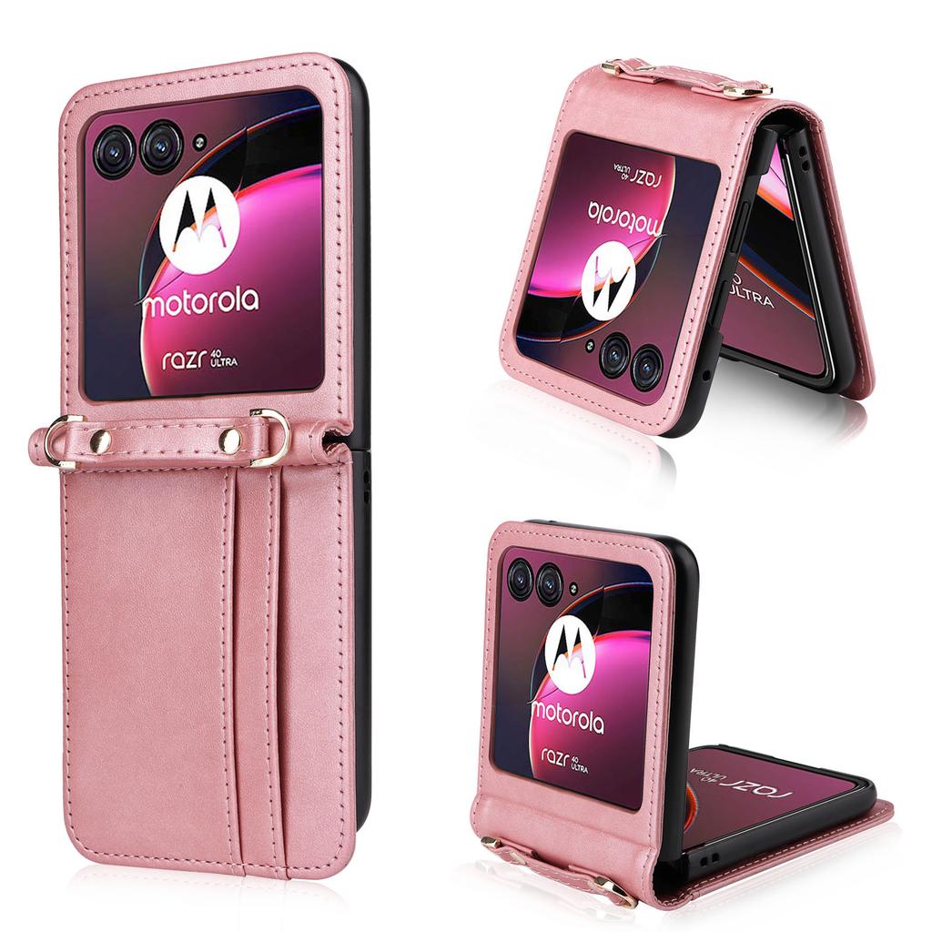 For Motorola Razr 40 Ultra 5G Hard PC+PU Leather Cover One-piece Design Card Slots Phone Case with Lanyard