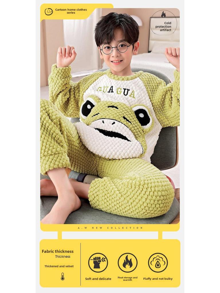 Фланелевая пижама с рисунком для мальчиков - длинный рукав, круглый вырез, коралловый флис, осень/зима