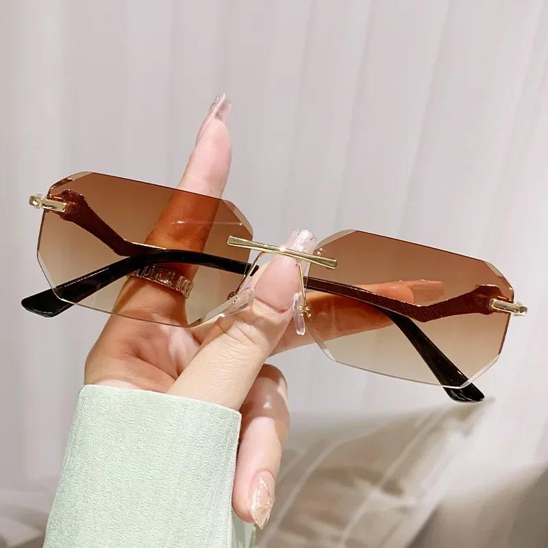 Новые Модные Тренд Маленькие Прямоугольные Солнцезащитные Очки Ретро Металлические Безободковые Градиентные Линзы UV400