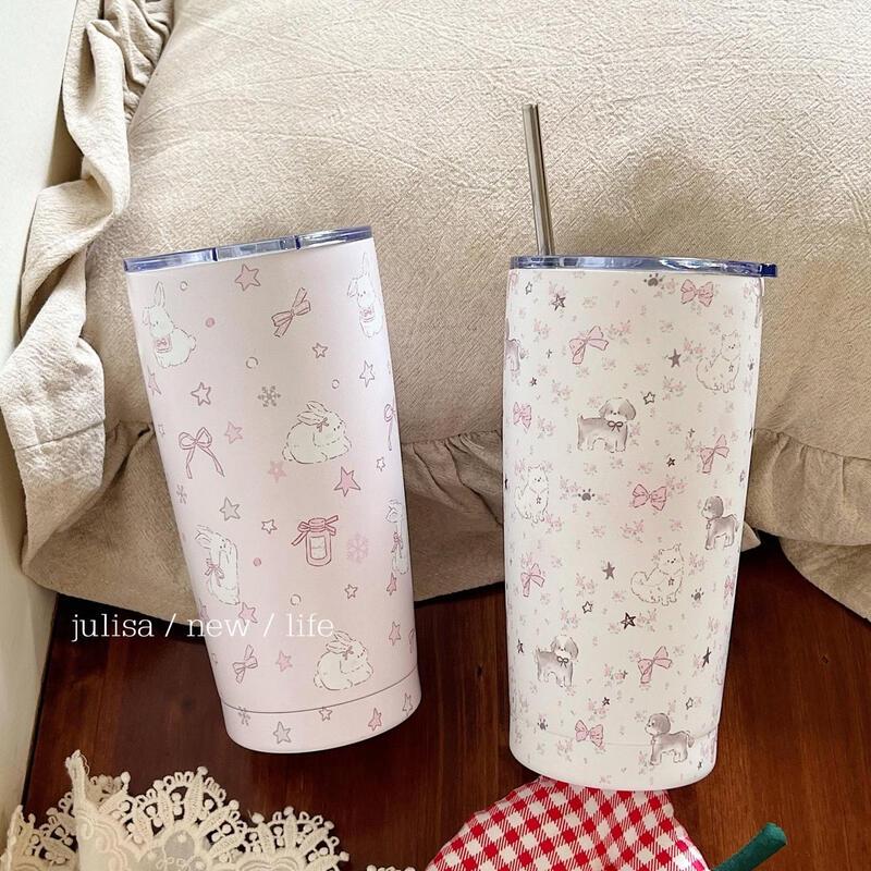 Qiwei Baby Pink Bunny & Floral Insulated Straw Bottle