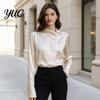 Button Front Business Casual Shirt Women Satin Blouse, Skew Collar Long Sleeve Shirt, Smooth Office Breathable Polyester Tops with Down, Commuting for