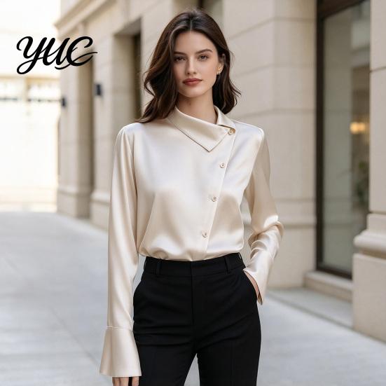 Button Front Business Casual Shirt Women Satin Blouse, Skew Collar Long Sleeve Shirt, Smooth Office Breathable Polyester Tops with Down, Commuting for
