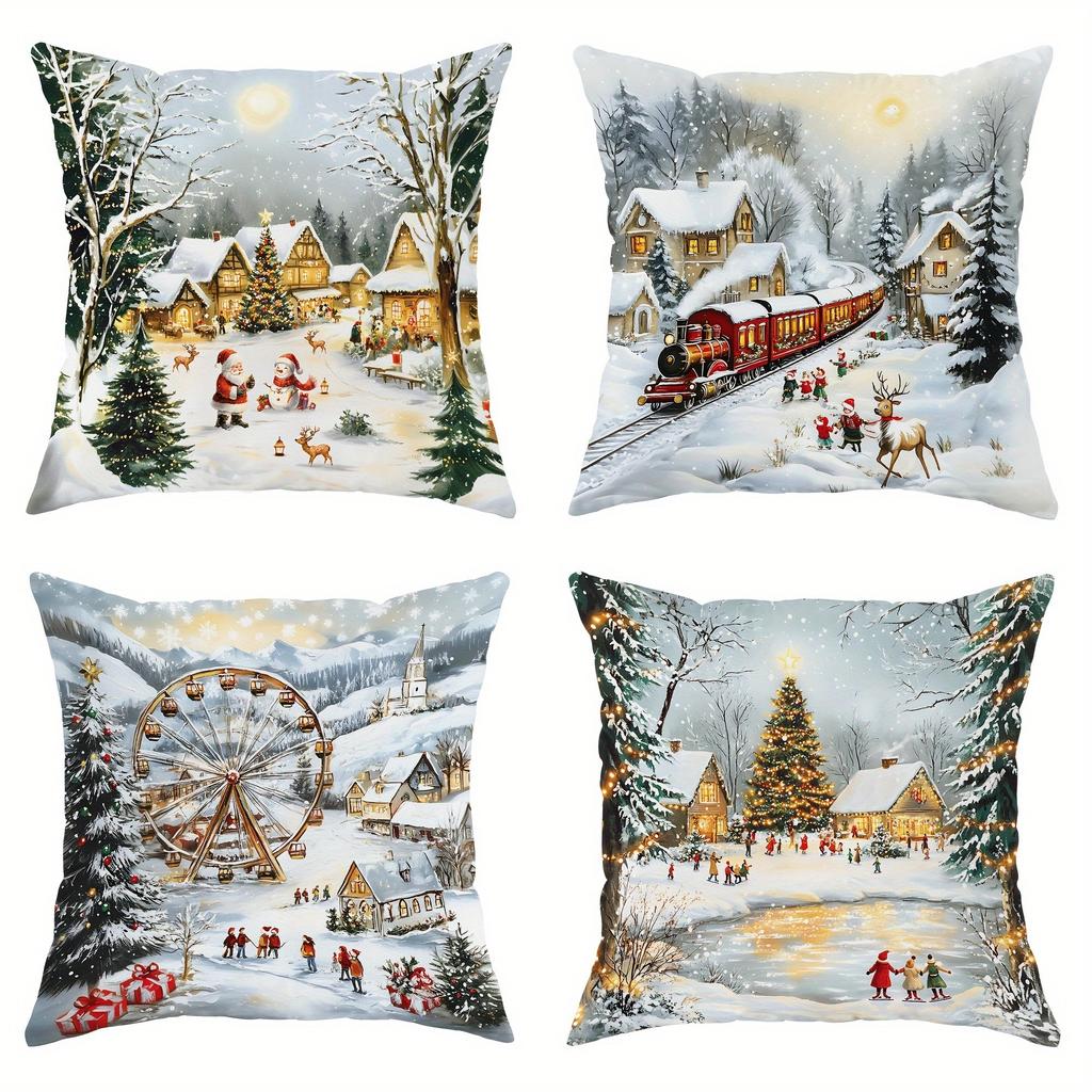 Festive Christmas Scene Pillowcases: Winter Wonderland Designs for Cozy Holidays Sofas, Bedroom Pillow Covers, Holiday Gifts