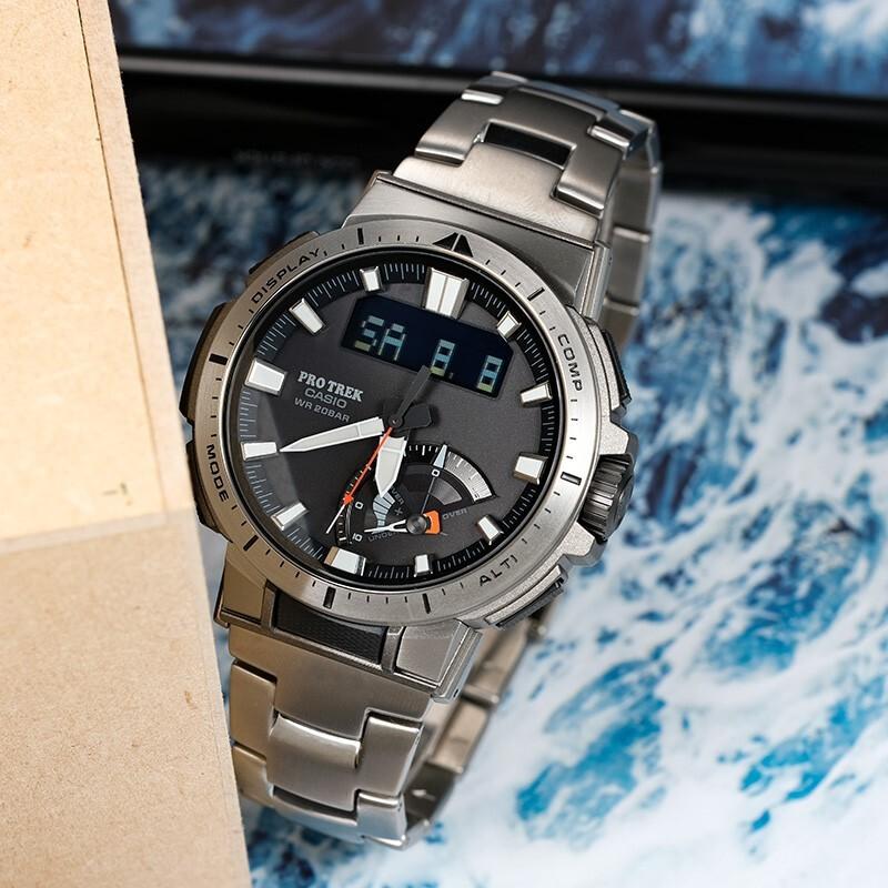 Casio Серия PRO TREK-Дисковый двойной дисплей Металлический Наручный Радиоуправляемый Солнечный Спортивный Водонепроницаемый Кварцевый Механизм Титановый Ремешок PRW-70YT-7PRD