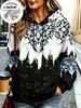 Women Boho Mandala Butterfly Fleece Hoodie, Black White Splash Ink Gradient Star Graphic Hooded Sweatshirt