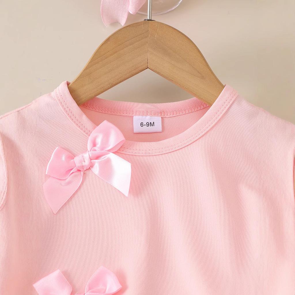 Костюм для девочек: Летняя детская футболка с розовым бантом и короткими рукавами + джинсовые шорты