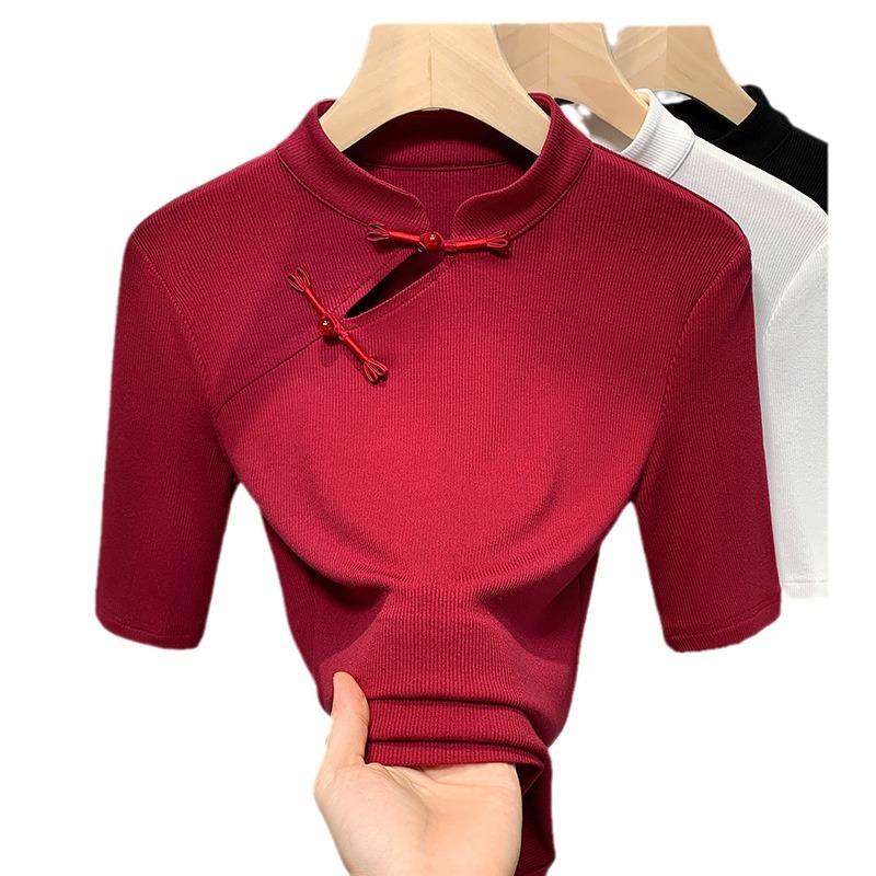 Белый Новый китайский стиль Топы на пуговицах Новая осенняя рубашка с воротником-стойкой Модальная женская футболка со средними рукавами