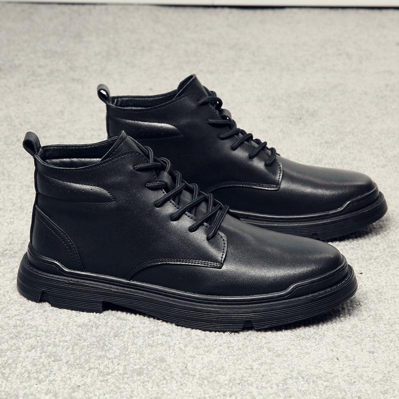 Solid Color High Top Cow Leather Boots for Men Autumn Winter New Lace Designer Work Shoes Male Fashion Casual Ankle Boots Man