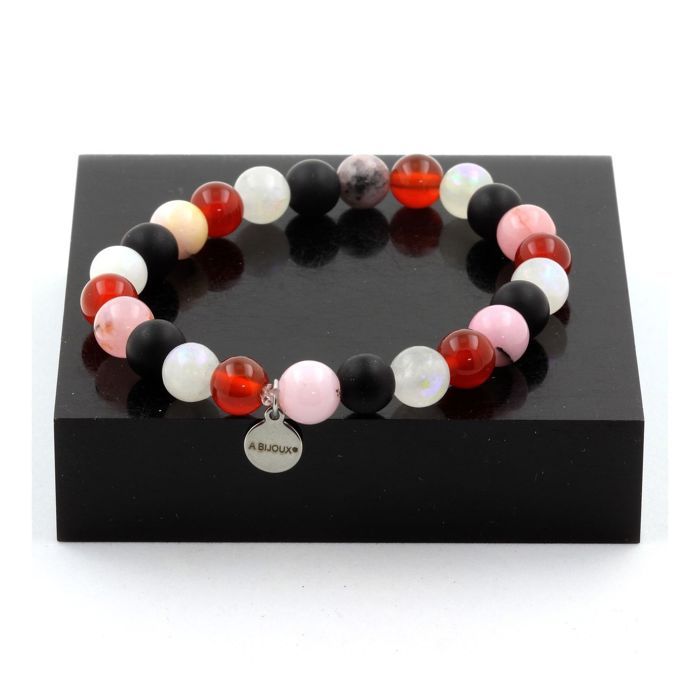 Stones and Minerals. Red Agate + Moonstone + Matte Black Onyx + Opal Pearl Bracelet Made In France.