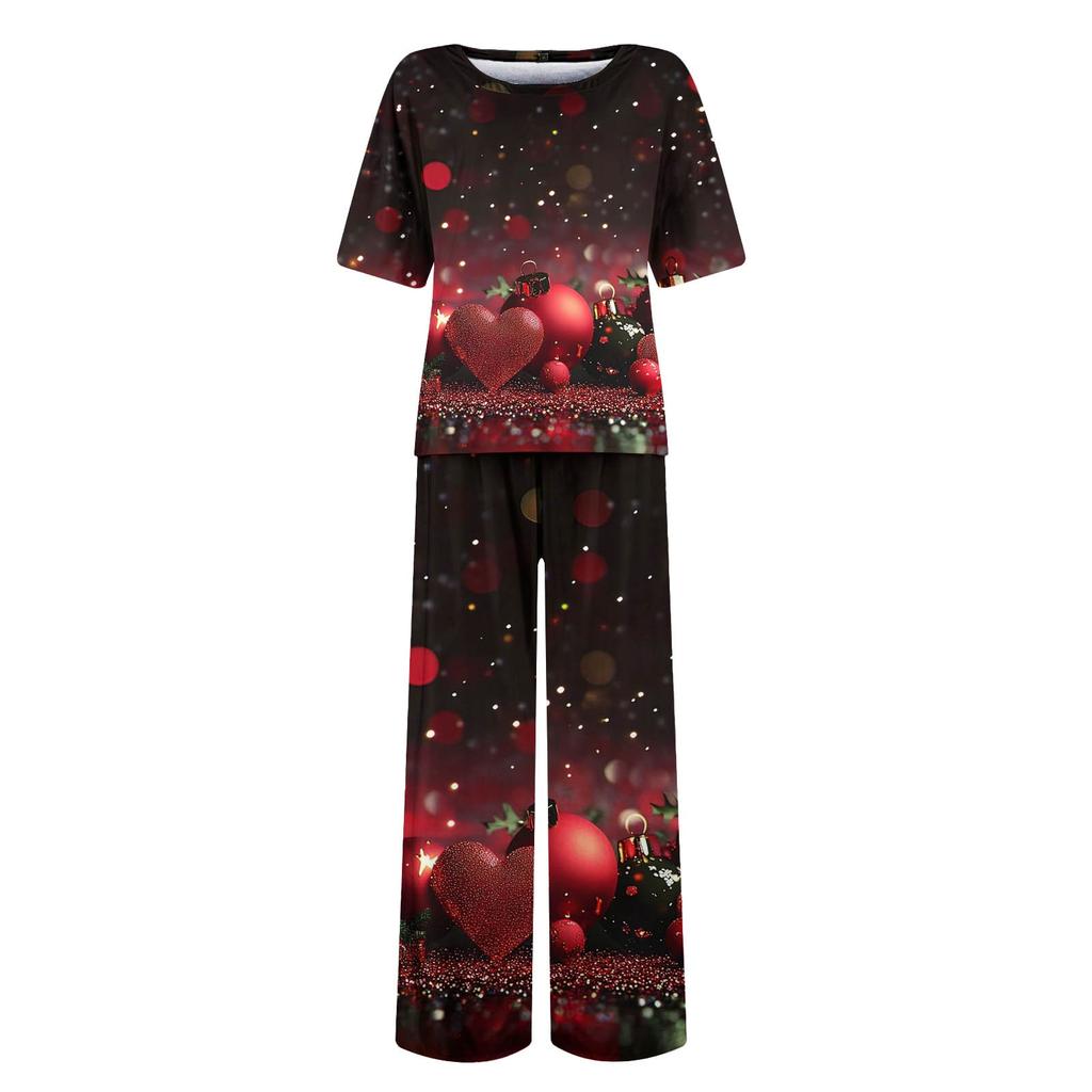 Женский шелковый атласный пижамный комплект с рождественским принтом, рубашка с коротким рукавом и длинные пижамные штаны, мягкая домашняя одежда