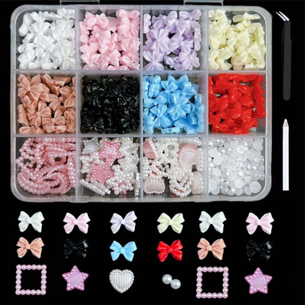 Kawaii Colorful Mixed Resin Rhinestone Nail Art Charms Bowknot Pearls Kit DIY Manicure Decorations Box With Wax Pen Tweezers