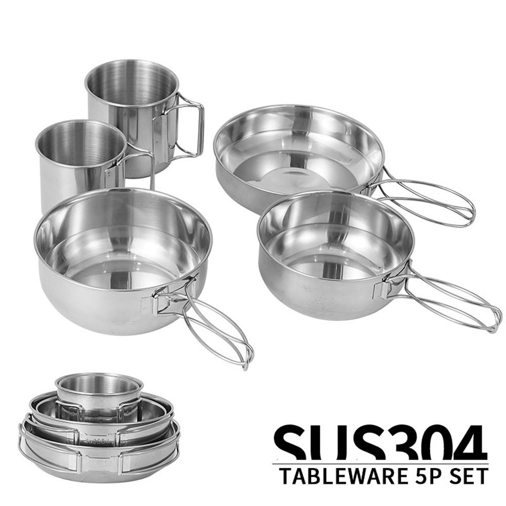 5pcs Camping Cookware Set Outdoor Portable Picnic Cookware Kit Stainless Steel Travel Tableware Cooking Accessory Bowl
