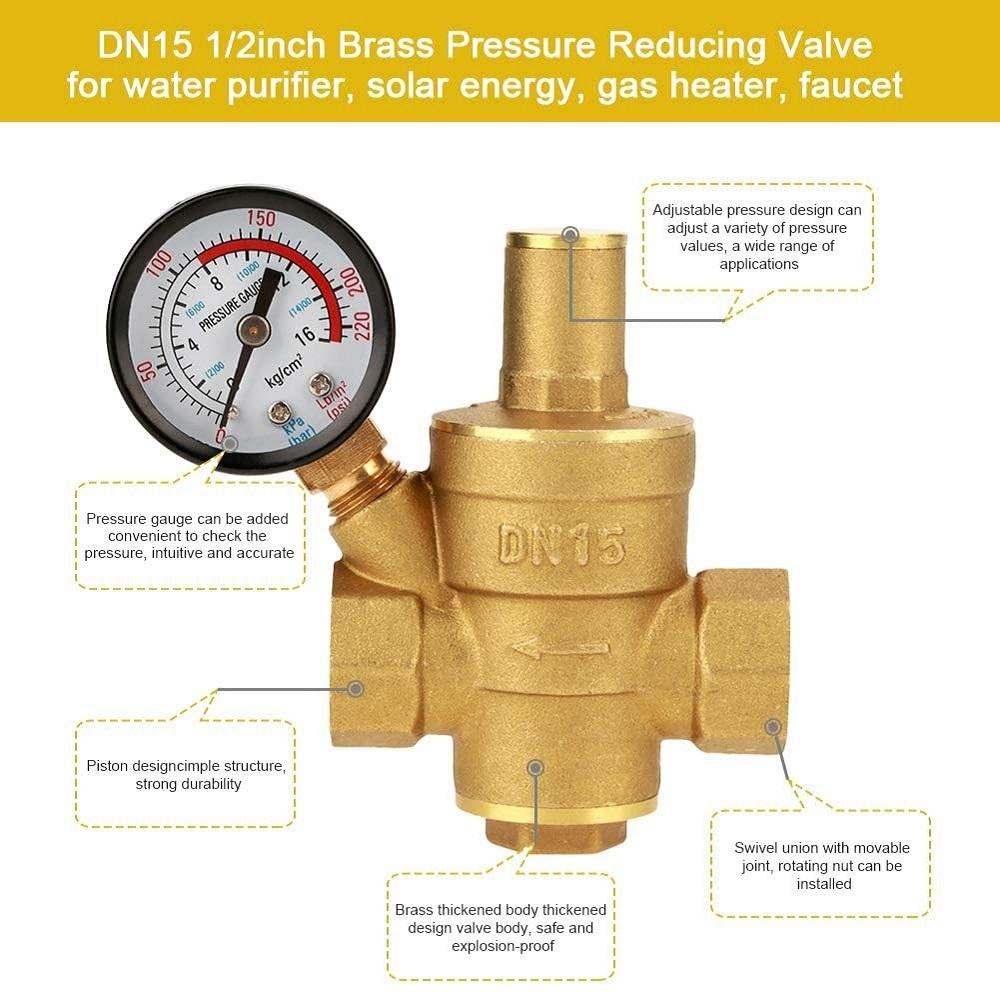 Регулятор давления воды DN15 NPT 1/2" Регулируемый латунный редуктор с манометром